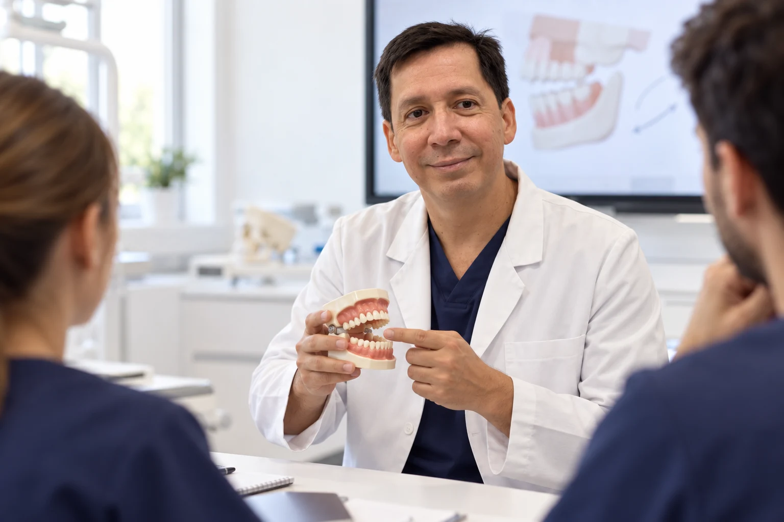 Escena ilustrativa del Dr. David González explicando un modelo dental en formación